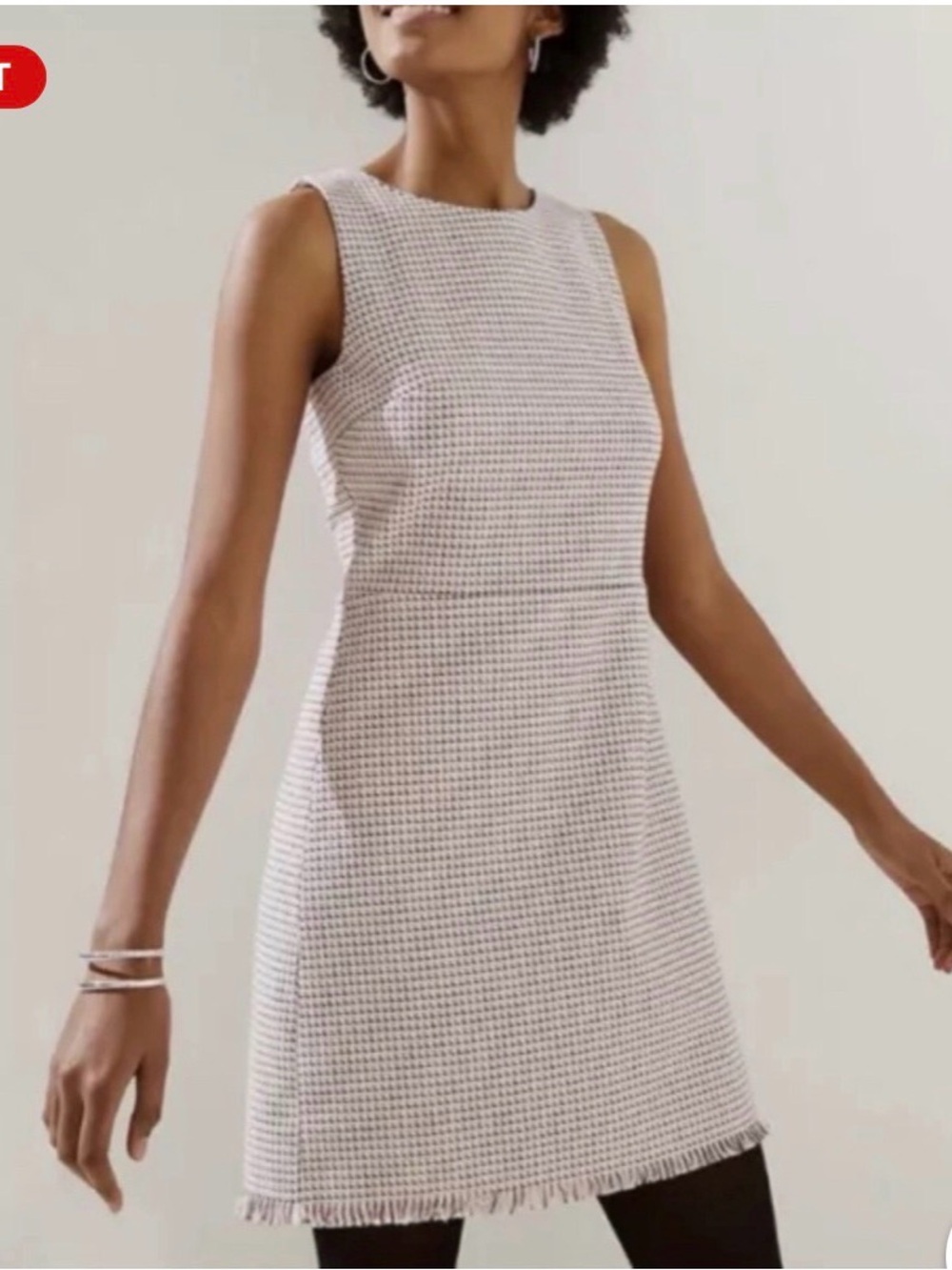 LOFT Sleeveless Tweed Midi Dress in Cream and Pink Houndstooth
